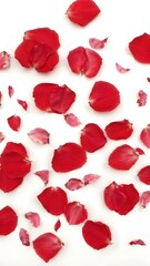 Fototapeta premium Crimson Petal Cascade: A delicate scattering of vibrant red rose petals artfully arranged, evoking romance and natural beauty.