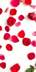 Fototapeta premium Scattered Roses: A top-down view of vibrant red and pink rose petals and blooms scattered, presenting a romantic and fresh aesthetic.