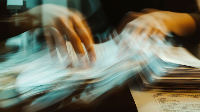 Time-lapse image of hands working on tax preparation, blurring motion showing hard work. 