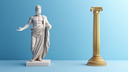 Classical Marble Statue and Gold Column Digital Art