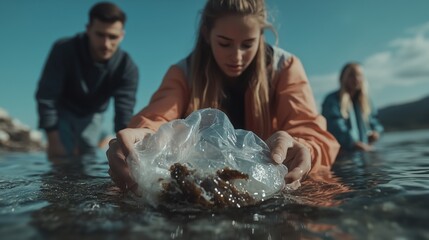 Young people participating in a beach clean-up effort while removing plastic from the water