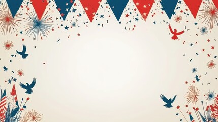 Fototapeta premium Festive Background with Banners, Birds, and Fireworks Decorations