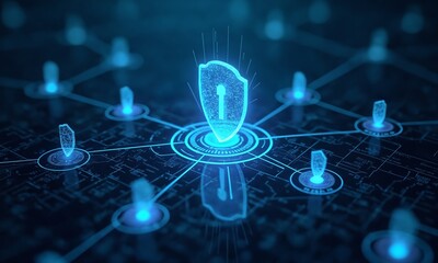 A sci-fi-inspired cybersecurity network, featuring a holographic shield in the center, surrounded by encrypted code, glowing blue nodes, and digital security barriers.
