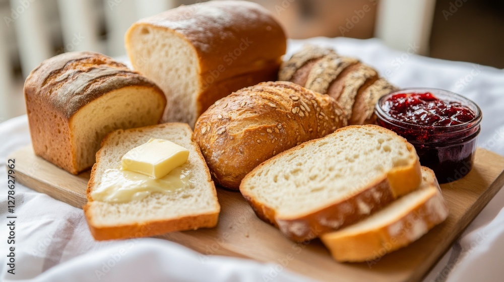 Poster a high-resolution photo of a selection of different bread loaves, including sourdough, ciabatta, and