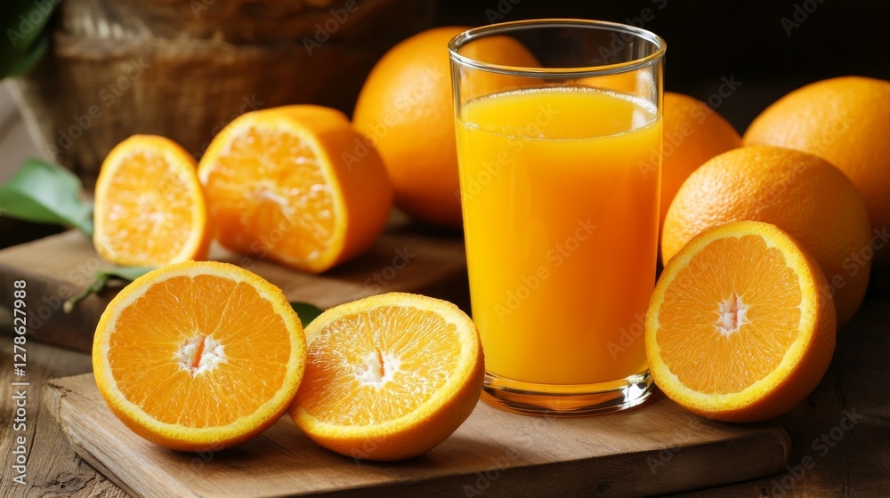 Poster a high-resolution photo of whole oranges and a glass of on a wooden table, with fresh oranges sliced