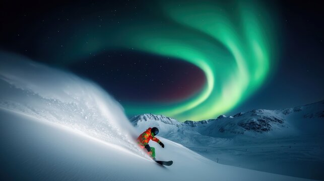 A snowboarder carves through fresh powder under a vibrant display of the Northern Lights in a stunning winter landscape.