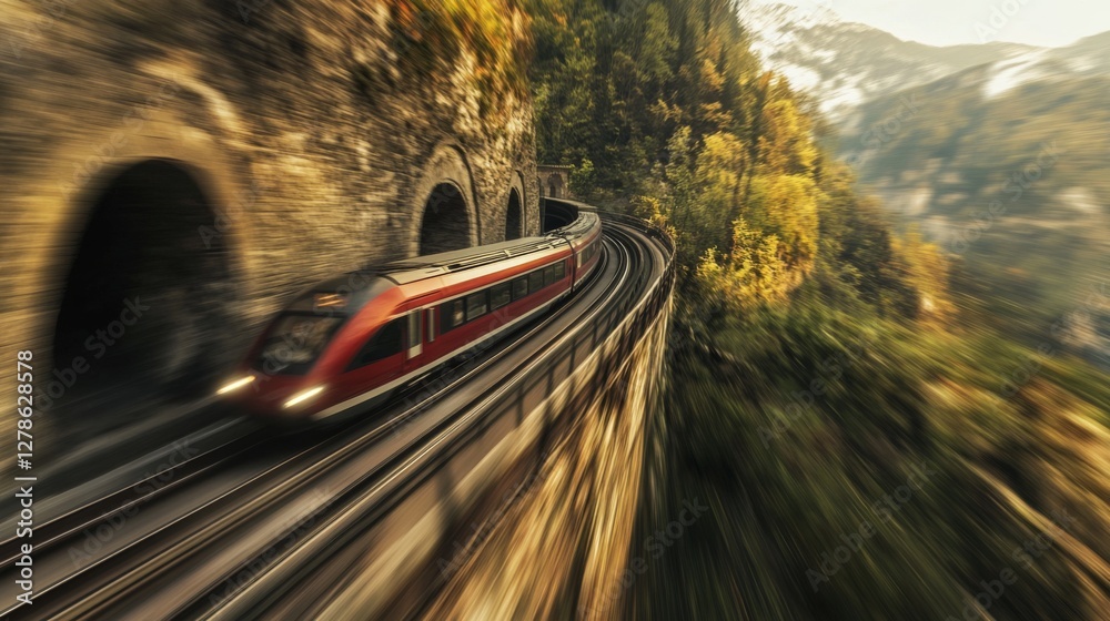 Poster a high-speed train at full speed, passing through a tunnel in a mountainous region, with blurred mot