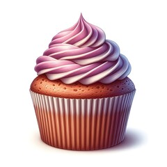 Pink swirled frosting on vanilla cupcake with paper liner