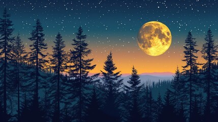 Fototapeta premium Enchanted Forest Night: Majestic Moonrise Over Silhouetted Pine Trees
