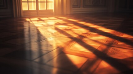 Fototapeta premium Sunlight streams through window onto hardwood floor.