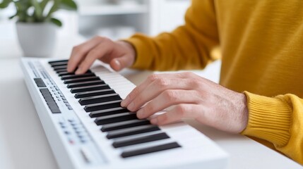 Closeup of Hands Playing a White Keyboard in a Yellow Sweater