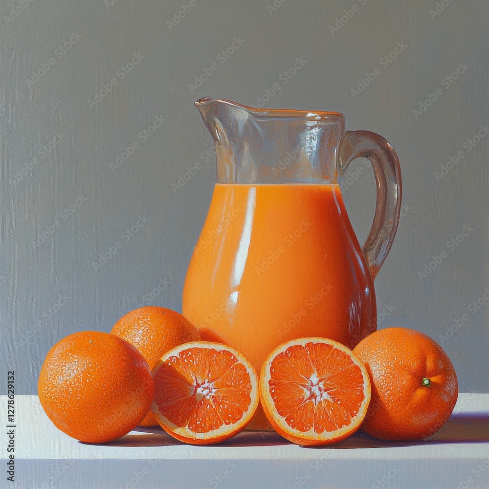Poster a jug of fresh orange juice with a few whole oranges beside it, isolated on a white background for a