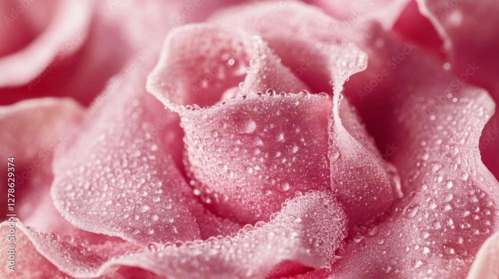 Poster a macro shot of pink rose petals, each adorned with tiny water droplets, emphasizing the intricate t