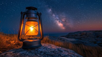 Bright lantern illuminates rocky shore under a stunning starry sky and Milky Way during a peaceful nighttime scene