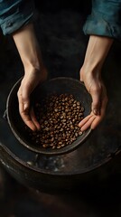A close-up of hands holding coffee beans
