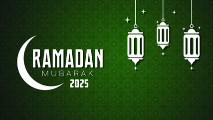 Ramadan Mubarak 2025 Greeting Card with Islamic Lanterns and Crescent Moon on Green Background