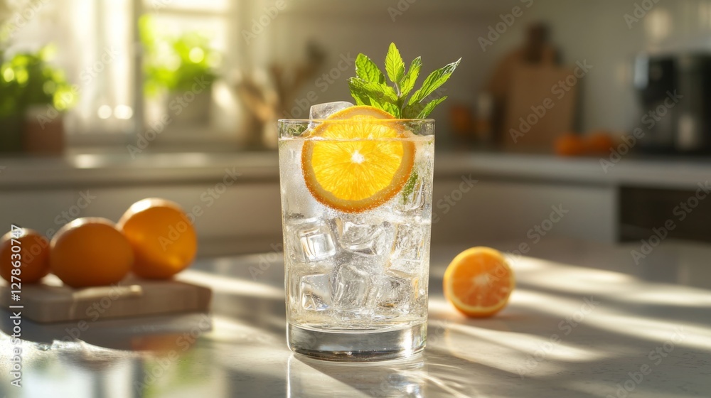Poster a refreshing glass of freshly squeezed with ice cubes, garnished with a slice of orange and a mint s