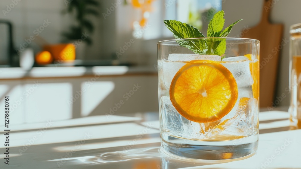 Poster a refreshing glass of freshly squeezed with ice cubes, garnished with a slice of orange and a mint s
