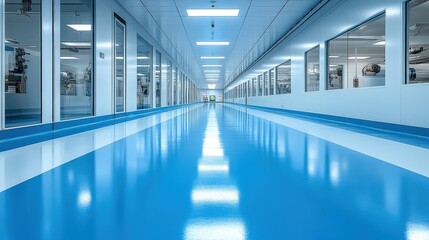 Clean, modern corridor in a high-tech facility with blue epoxy flooring and glass-walled rooms. Ideal for concepts of innovation, technology, and sterile environments.