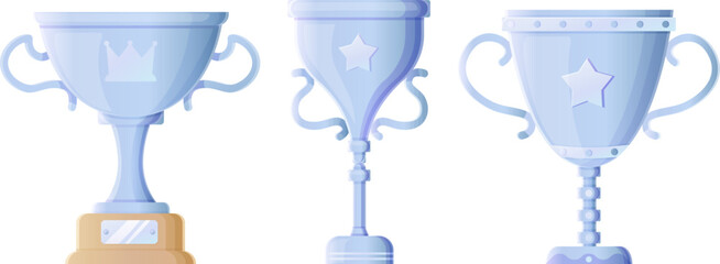 Collection of silver and blue trophies with unique star and crown details.