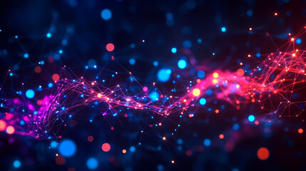 Obraz premium Abstract Network Art: Flowing Red and Pink Lights on Deep Blue Background