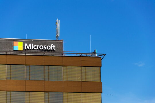 Microsoft company logo on headquarters building on October 14, 2017 in Prague, Czech republic.
