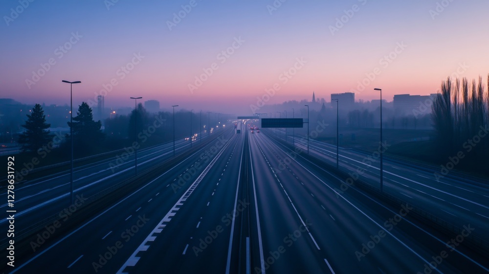 Aufkleber A serene image of an empty expressway during early morning hours, with soft, diffused light and minimal traffic, capturing the calm before the day begins.