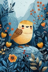 A whimsical illustration of a cheerful bird amidst colorful flowers and mountains.