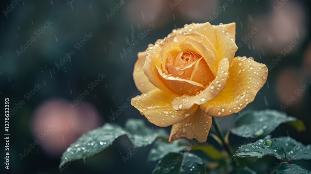 Poster a soft-focus image of a yellow rose in the rain, with water droplets collecting on the petals and le