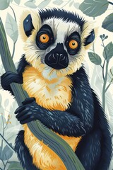 Fototapeta premium A colorful illustrated lemur with big eyes, perched on a branch among leaves.