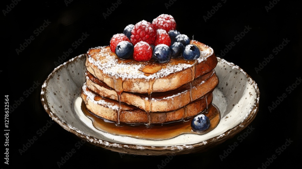 Poster a stack of french toast slices dusted with powdered sugar and topped with fresh berries and a drizzl