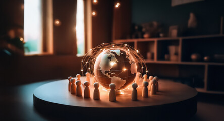A glowing network connects a globe encircled by wooden figures on a round platform in a softly lit room. Connectivity concept visualized.