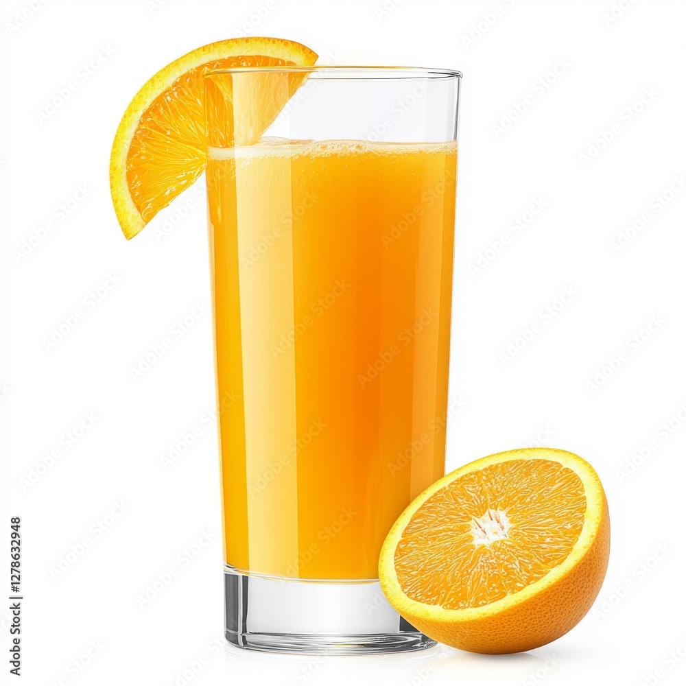Poster a tall glass of fresh orange juice with an orange wedge on the edge, isolated on a white background 