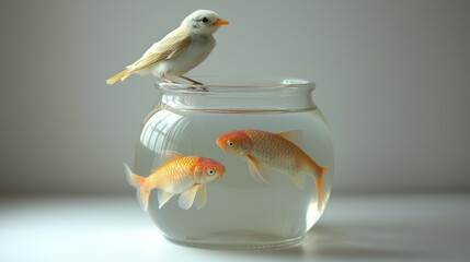 A Serene Still Life: Bird, Goldfish, and Glass Bowl