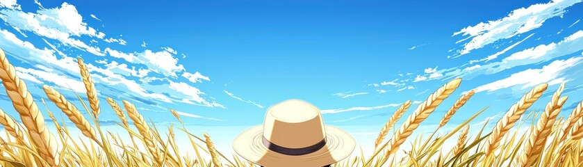 Wheat field, person with straw hat, beautiful sky, nature background, stock photo