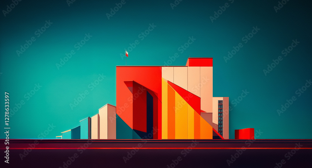 Leinwandbilder abstract geometric building with vibrant red, orange, yellow, and blue blocks set against a teal bac