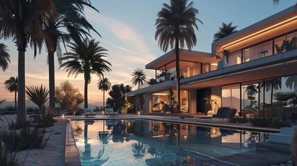 Fototapeta premium Modern luxury villa with a pool surrounded by palm trees at sunset, showcasing tranquil living.
