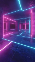 Concrete room illuminated by neon lights forming abstract patterns
