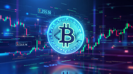 Representação digital de Bitcoin com gráficos financeiros em um ambiente futurista, destacando tecnologia blockchain, criptomoedas e mercado financeiro.