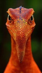 Close-up of a vibrant orange creature with a unique beak-like nose and textured skin.  Its intense gaze commands attention.