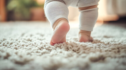 Baby taking her first steps on a soft carpet. The image radiates joy, innocence, and the beauty of growth, making it perfect for family, parenting, and lifestyle blog/banner/web