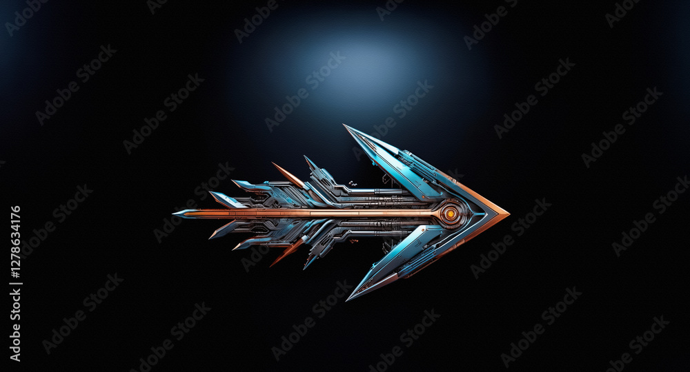 Poster Futuristic metallic arrow pointing right on a dark backdrop.  The arrow has a complex, mechanical, and sharp design with blue and orange color accents.