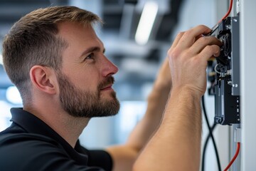 A man focuses intently on installing a technological device on a wall, displaying the intersection of modern convenience and the hands-on approach to contemporary living.
