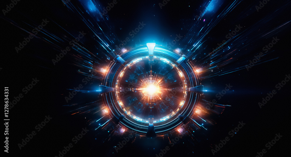 Aufkleber Abstract glowing circle with blue and orange lights on a black background. Futuristic and abstract sci-fi technology design element.