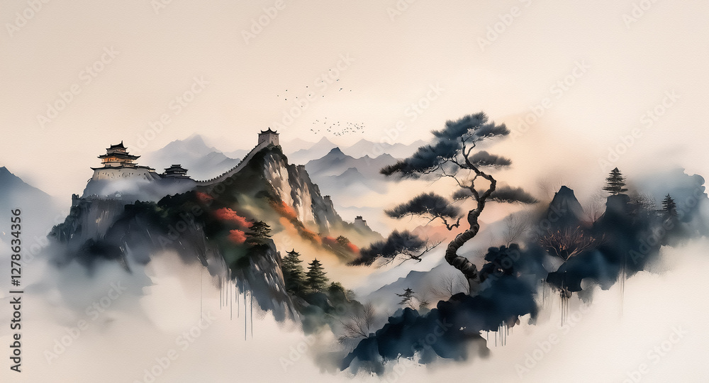 Poster a misty mountain scene with traditional architecture nestled among peaks and valleys. a lone pine tr