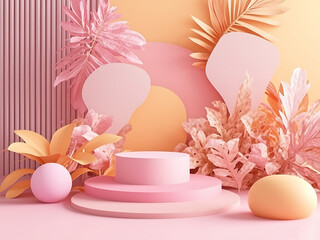 Fototapeta premium Soft pastel decor with shapes and plants. Generative AI