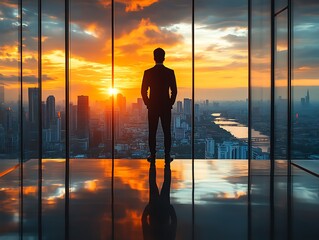 Businessman Contemplation Sunset Cityscape