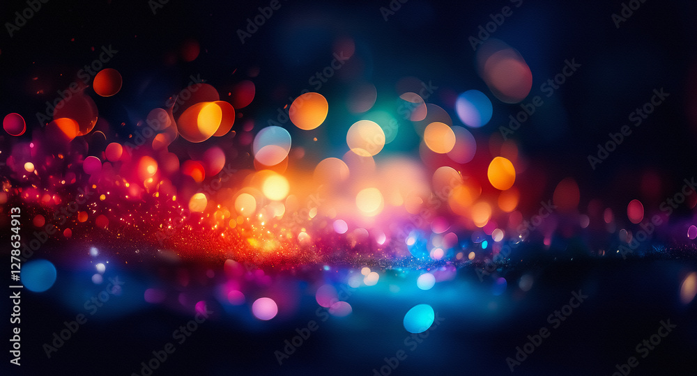 Fototapete Vibrant bokeh lights on dark backdrop. Abstract display of blurred circles and shimmering particles. Festive and magical atmosphere.