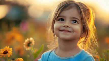 Little girl close-up against a background of a field with yellow flowers
