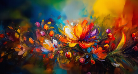 Vibrant abstract floral artwork with hues of red, orange, yellow, blue, and green. Bold brushstrokes create a textured, colorful display of flowers and foliage on dark backdrop.